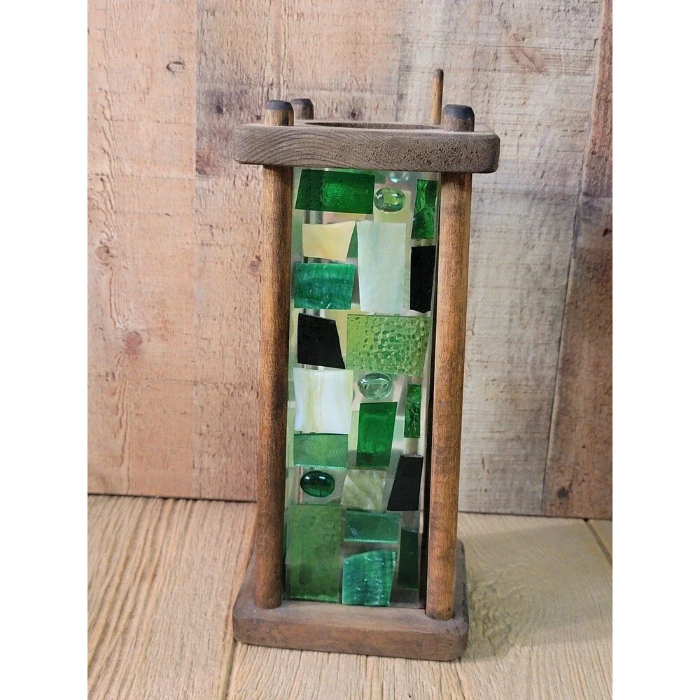 Green and White Mosaic Colorful Candle Holder.